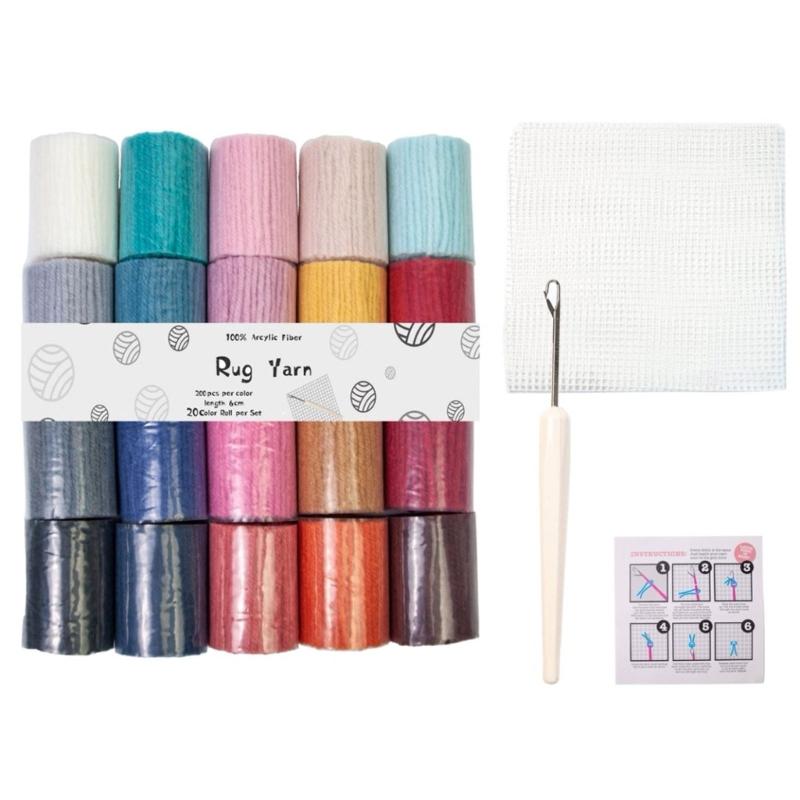 20 Color Acrylic Yarn Set With Latching Hook Crochet Needle Mesh Fabric For Beginner Carpet Making Embroidery Craft