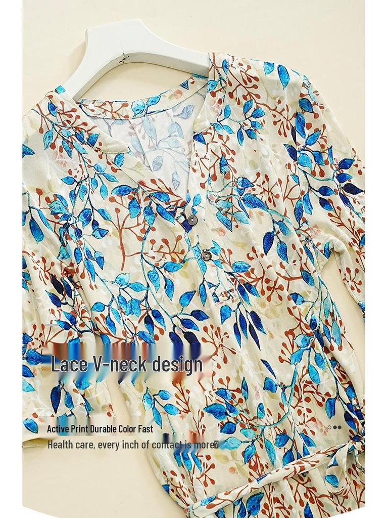 Guolian Floral V-Neck Slimming Long Dress - Mulberry Silk