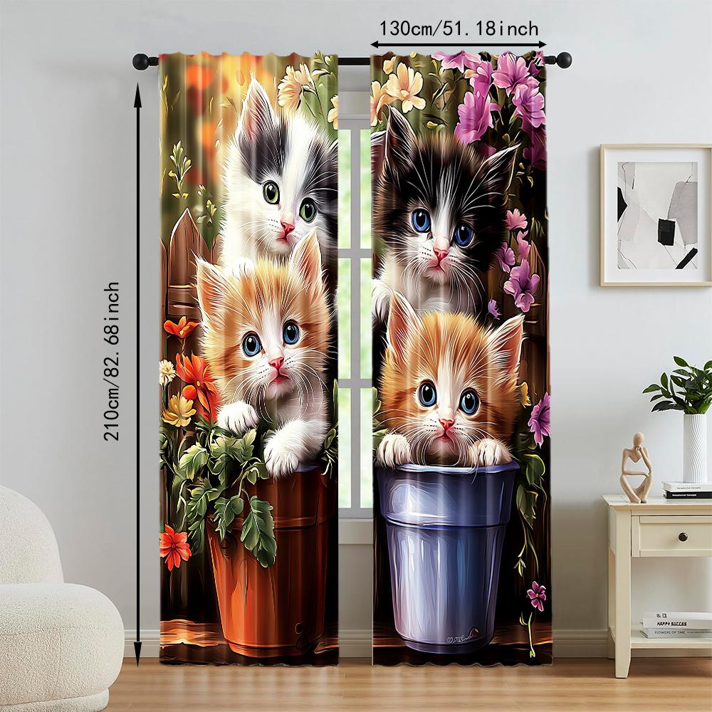 2Pcs Kitten Flower Window Curtains For Bedroom And Living Room Rod Pocket Polyester Material Drapes For Office Study Home Decor