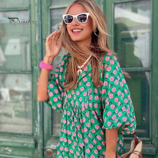 Robe d'été pour femmes, col en V, manches trois quarts à bulles, imprimé géométrique, ample, Patchwork, ligne a, grand ourlet, fluide, printemps, vacances, plage, robe mi-longue