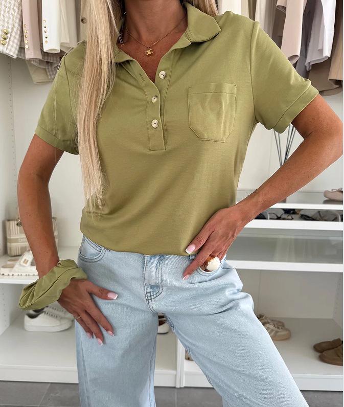 

2025 Urban Casual Women s Lapel Solid Color Pocket T-shirt M армия зеленый