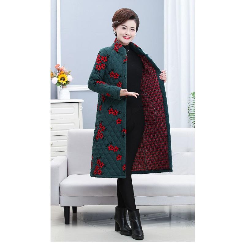 Chinese Style Embroidered Cotton Coat for Middle Aged Women Thickened Warm Long Jacket with Frog Buttons