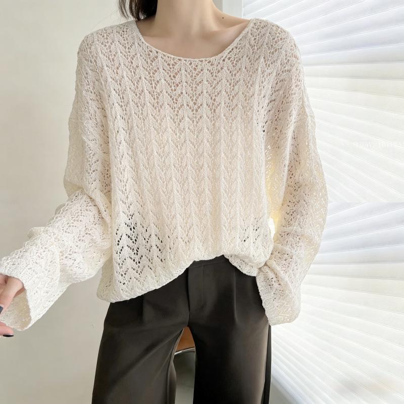 Women's Hollow Out Long-Sleeve Knit Cardigan - Lazy Style, Slimming Mid-Length Outerwear, Age-Reducing Sun Protection