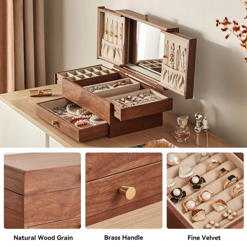 Homruilink Wooden Jewelry Black Large Capacity Jewelry Storage Case with Multifunctional Drawers for and Day Gift for Women Box, 3-Tier, Walnut,
