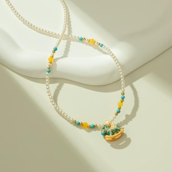 Retro Rocking Horse Pearl Necklace with Colorful Enamel - Luxurious Clavicle Chain