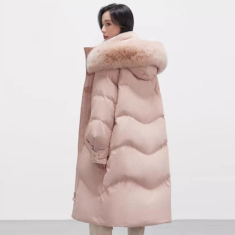 High-end White Duck Down Long Down Jacket Women's Winter New Fashion Buckle Thickened Large Fur Collar Knee Warm Jacket