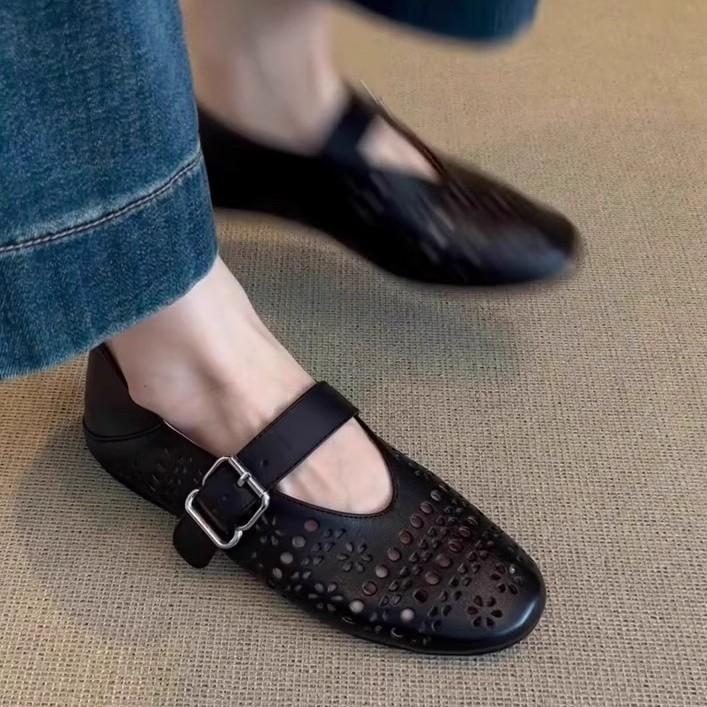 Bohemian hollow single shoes women's gentle hole shoes late evening breeze grandma shoes leather flat-soled French Mary Jane shoes