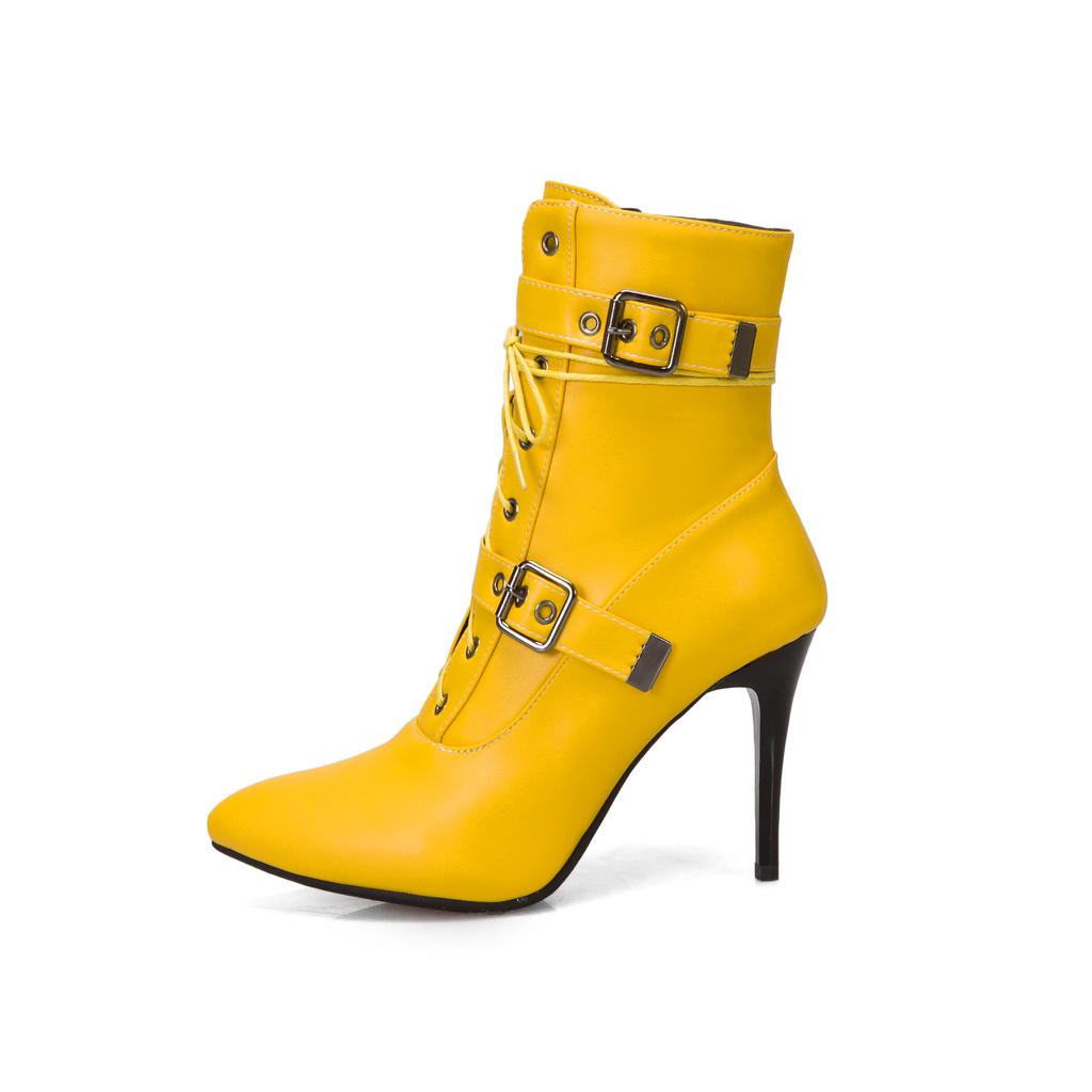 Autumn Winter 2025 Mid-Calf Boots Women Pointed Toe Super High and Thin Heel Shoes Buckle Cross-Tied Decorate Size 3~19 Footwear