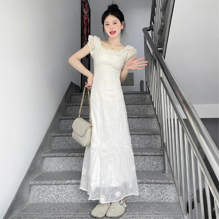

French retro style embroidered lotus leaf edge dress female summer new waist thin a word fairy long dress female student XL абрикосовий
