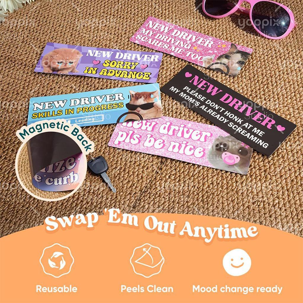 New Driver Pls Be Nice Magnetic Car Stickers, New Driver Stickers Safe, Reusable Magnetic Signs (5 Pieces)