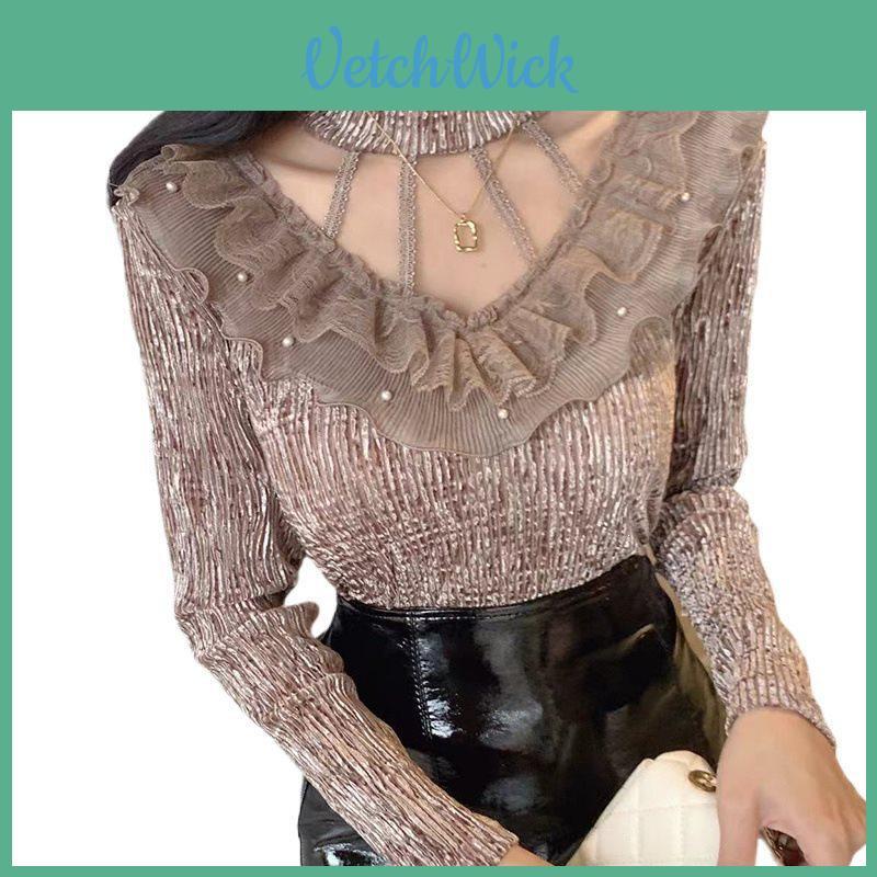 Womens Lacetrim Mock Neck Top With Embellishments For Office Wear