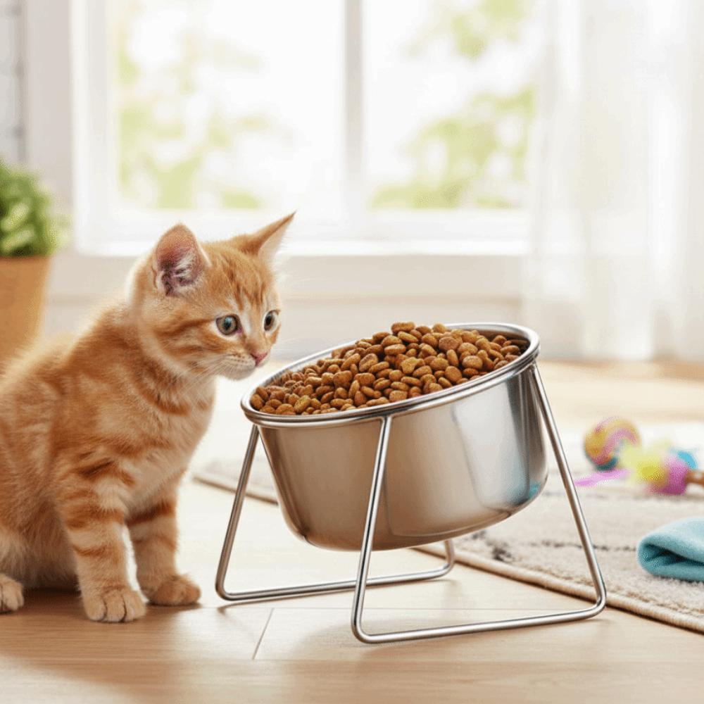 Anti-Tipping Stainless Steel Cat Bowl with Stand Sturdy Neck Protector Bowl Rust Proof Fall-Resistant Elevated Cat Food Bowl