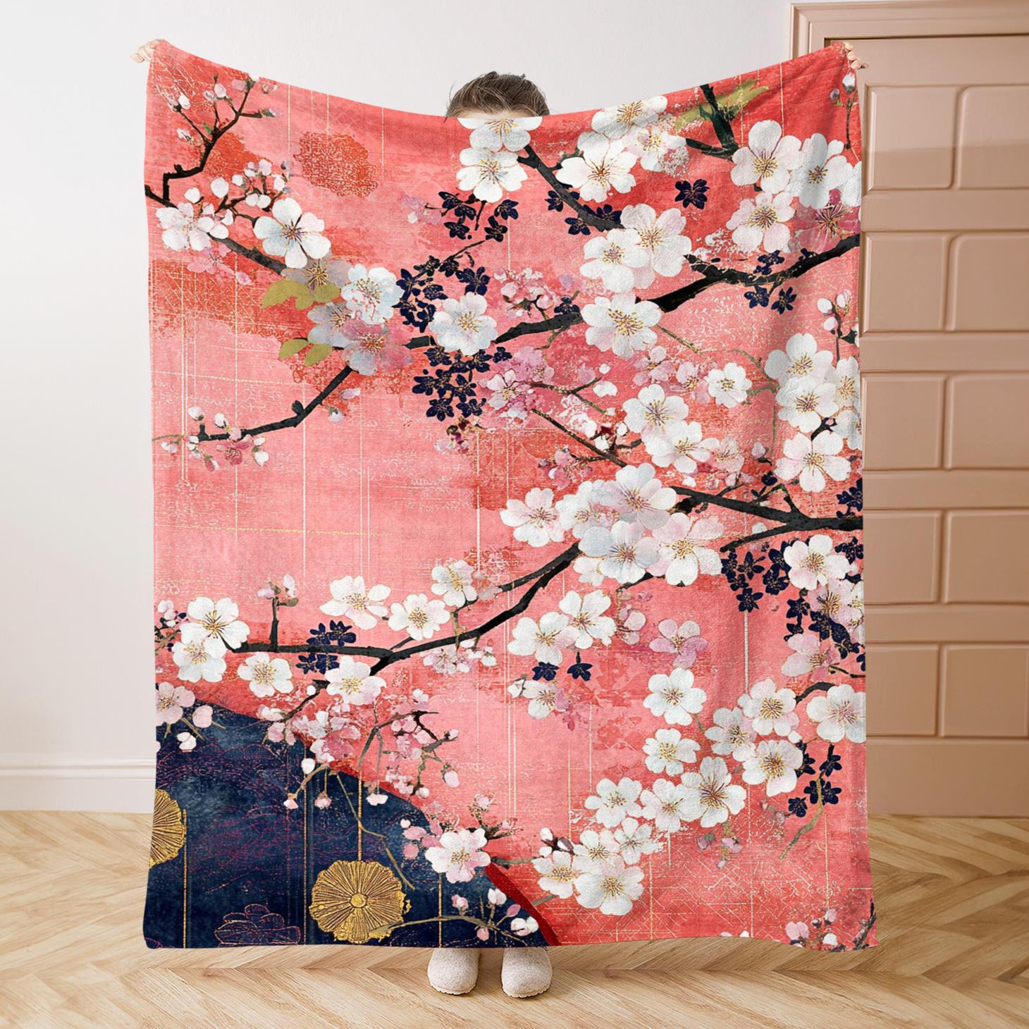

Cherry blossom flower pattern blanket soft flannel blanket suitable for all seasons suitable for use on beds sofas for travel 75x90cm