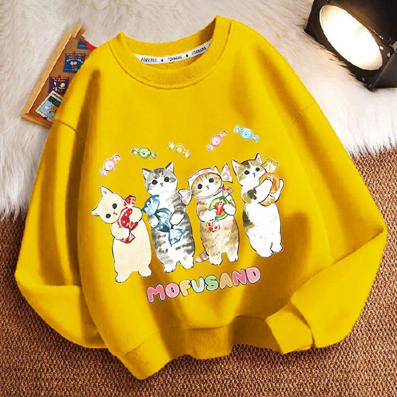 Cute Cat Round-neck Sweatshirt for Children, Fashionable Long-sleeved Casual Sweatshirt for Boys and Girls in Spring and Autumn