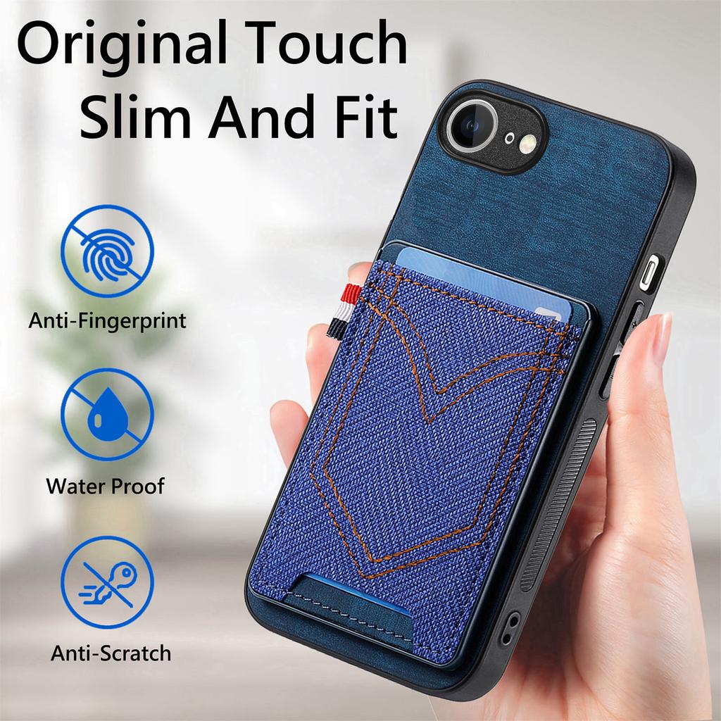 For iPhone 16e Phone Case Retro Jean Cloth Texture Leather Back Cover with Card Holder