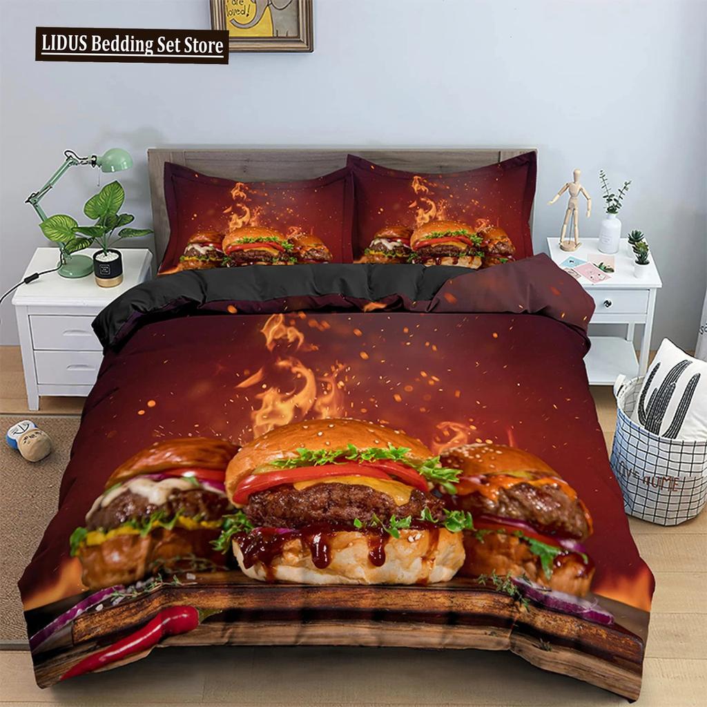 Amerikanisches Fast Food Bettbezug Set Doppelgröße Pizza Hotdog Bettdeckenbezug Hamburger Print Bettwäsche Set Pommes Quiltbezug