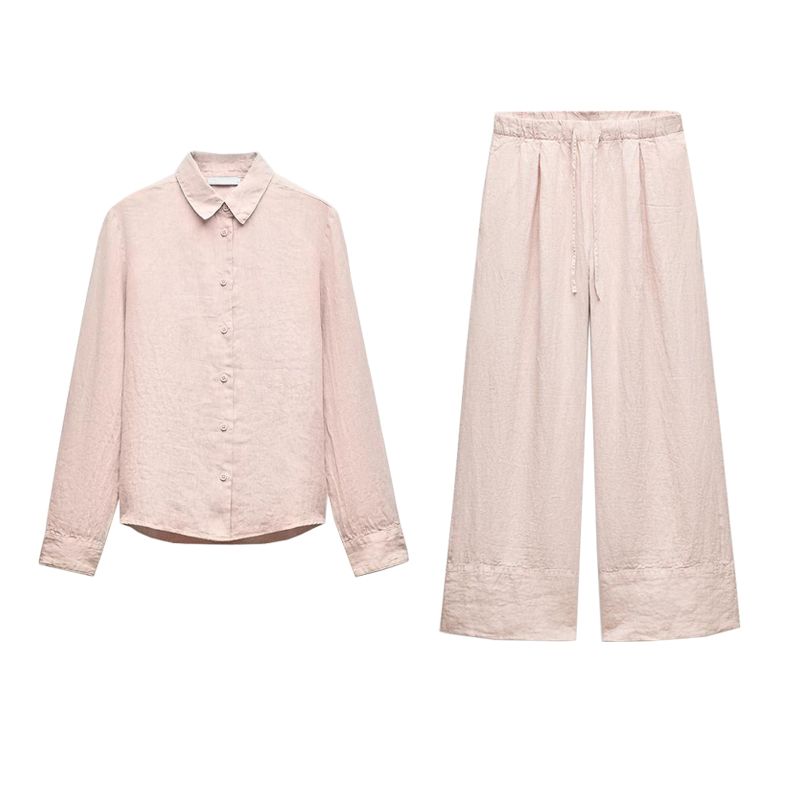 Spring New Lapel Long Sleeves Linen Blended Shirt 4877100 Mid Waist Shoelace Wide Leg Pants 4877101
