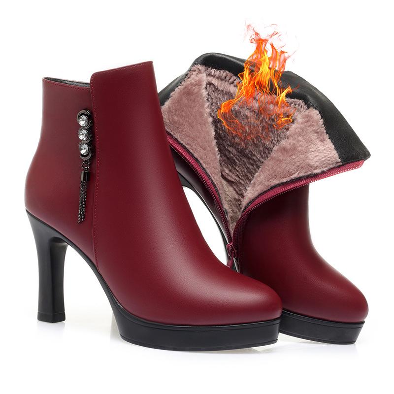 Women's High Heel Short Boots - Temperament Style, Autumn & Winter Plush Leather Shoes
