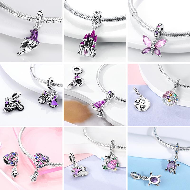 Purple Charms Copper Fit Original Pendant Bracelet Butterfly Glass Heart Feather Clip Charm Dangle Luminous Bead Diy Jewelry