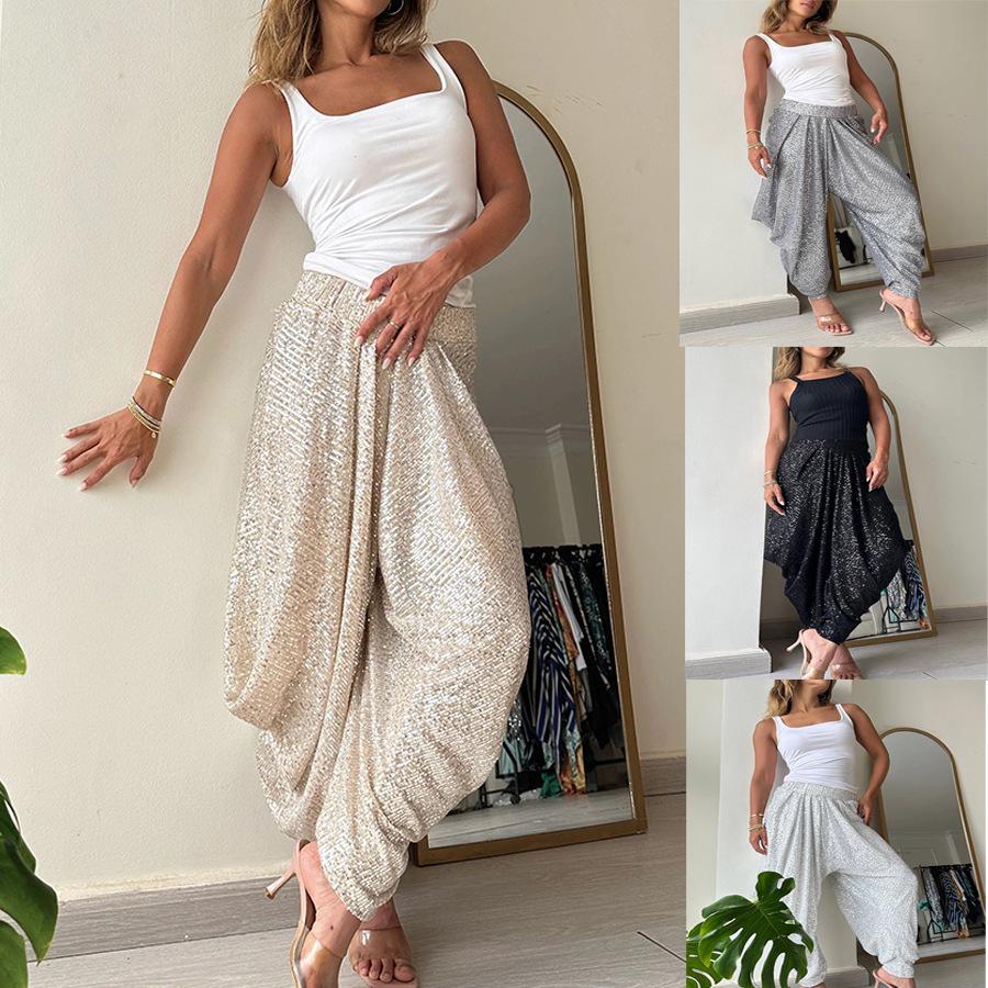 

Spring/Summer Casual Sequin Lantern Pants with Elastic Waist Extra Large чёрный