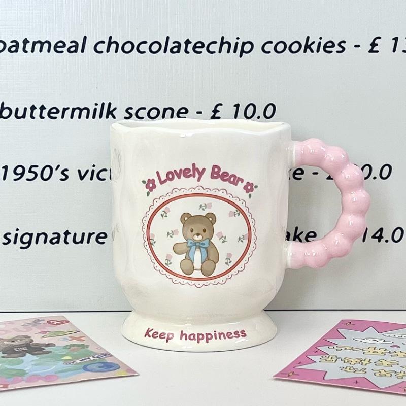 High Looking Cute Little Bear Goblet Cartoon Ceramic Mug with Lid Spoon Girl Coffee Cup Birthday Gift