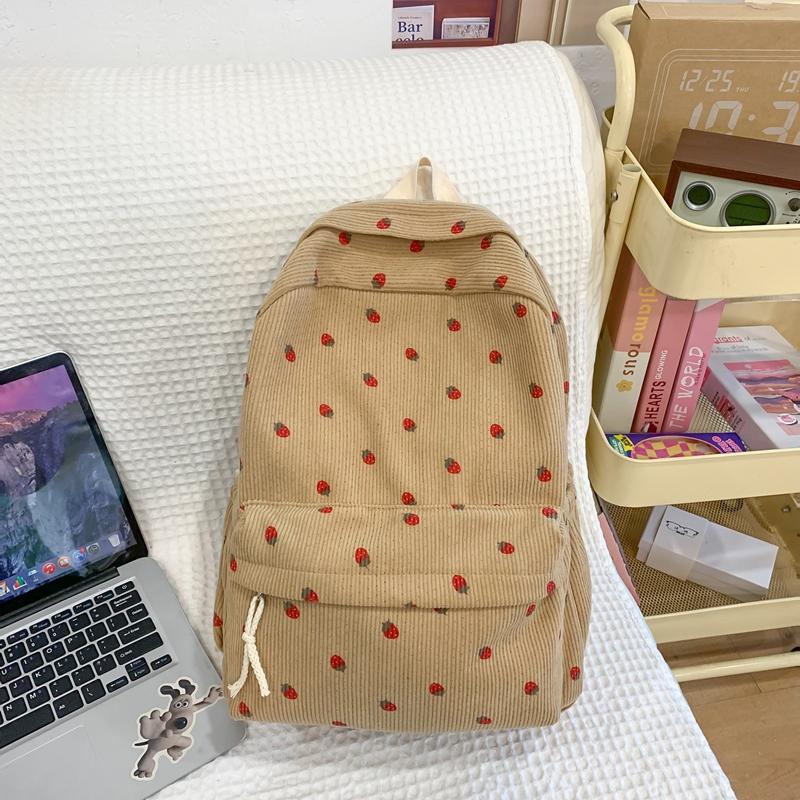 Cord-Rucksack mit Erdbeer-Print im College-Stil für Schüler, Schultasche mit großem Fassungsvermögen