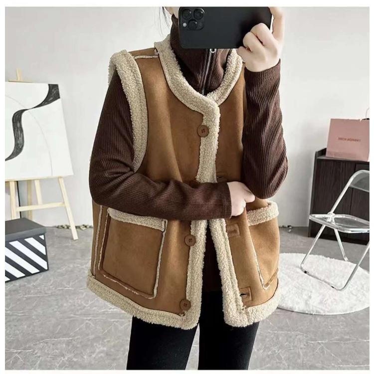 Doppelseitige Weste Damen Vintage Schaffell Pelzweste Wendeweste Herbst Winter Braune Weste