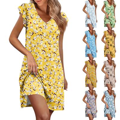 Womens Summer Dress Ruffle Sleeve V Neck Short Dresses Fashion Casual Flowy A Line Swing Sundress With Pocket