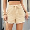 GMXIA Elastic Waist Drawstring Casual High Waist Raw Edge Denim Shorts for Women