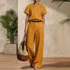 1116 European and American summer women's clothing imitation hemp solid color V-neck short-sleeved top loose wide-leg pants casual suit