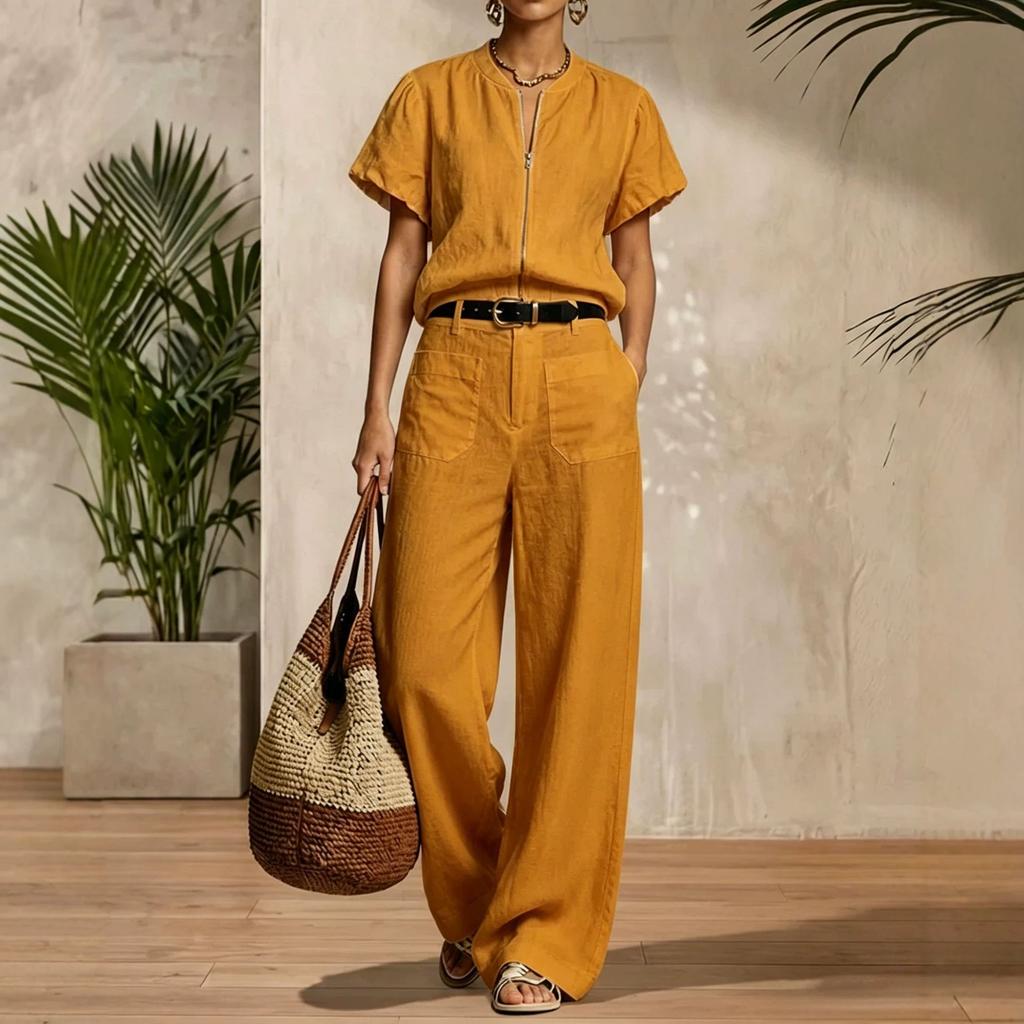 1116 European and American summer women's clothing imitation hemp solid color V-neck short-sleeved top loose wide-leg pants casual suit