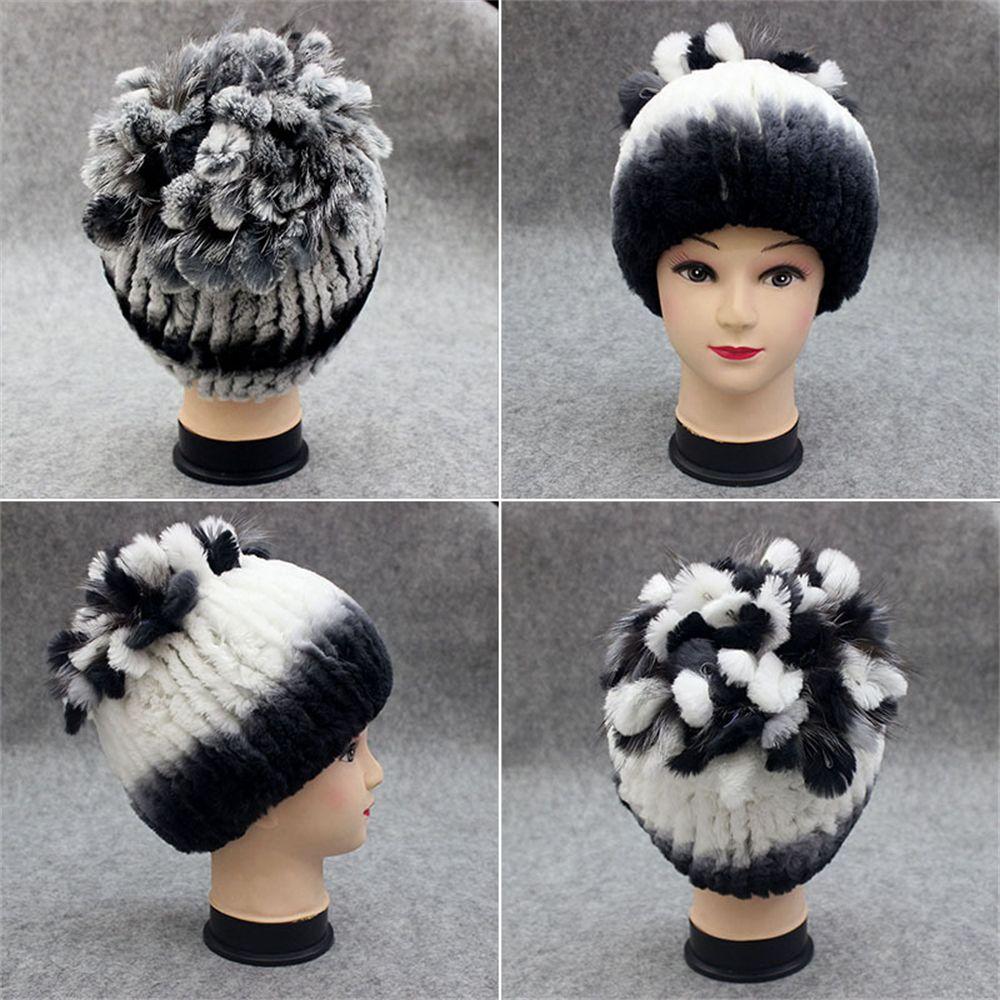 Outdoor Winter Warm Real Fur Beanies Hat Rabbit Fur Cap Knitted Real Rex Rabbit Fur Hats Elastic