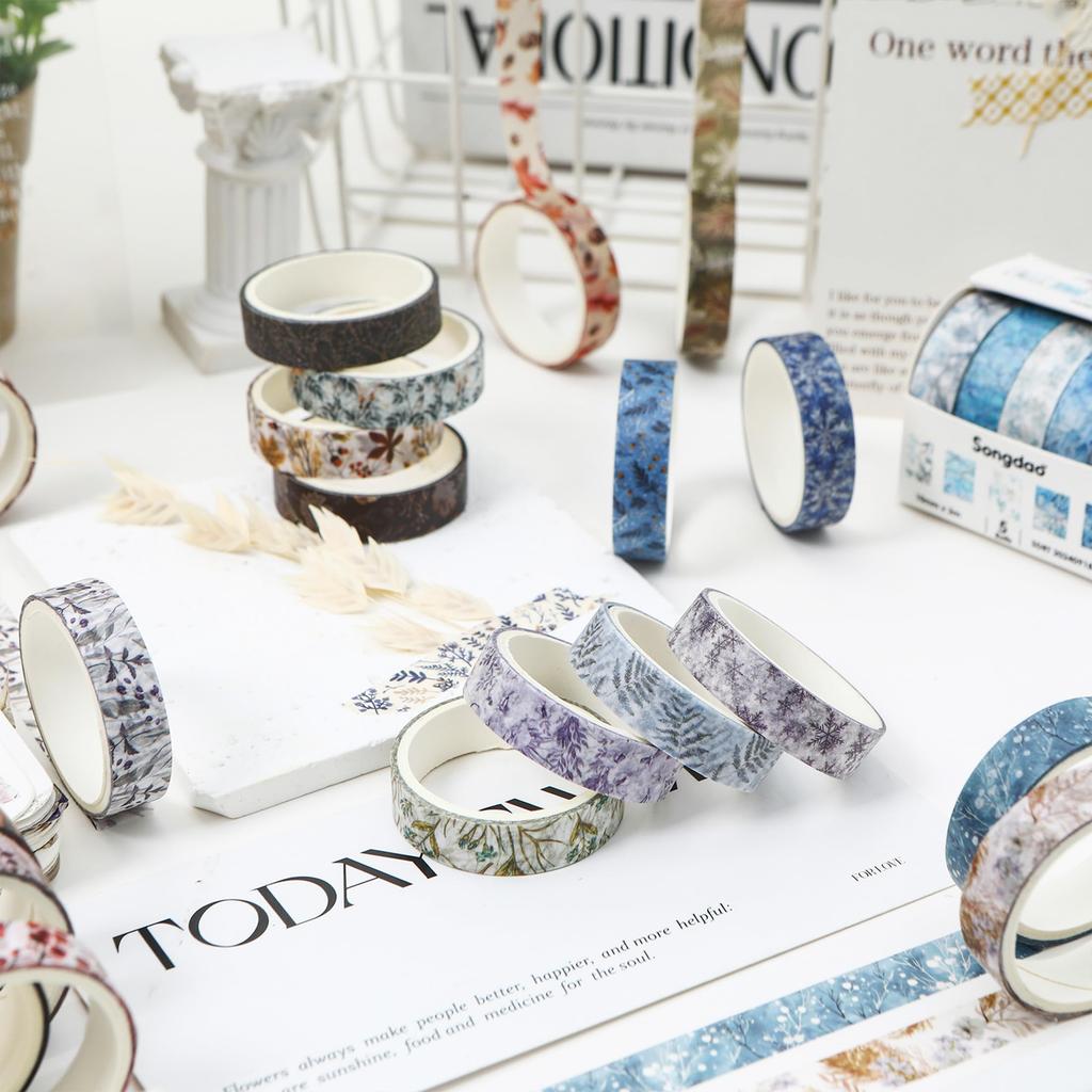 YUBX Masking Winter Blooming Floral Washi Tape Cute Thin DIY Gift and Decoration Tape, 60-Piece Set, Collection, Snowflakes, Strips, Crafts, Journals,