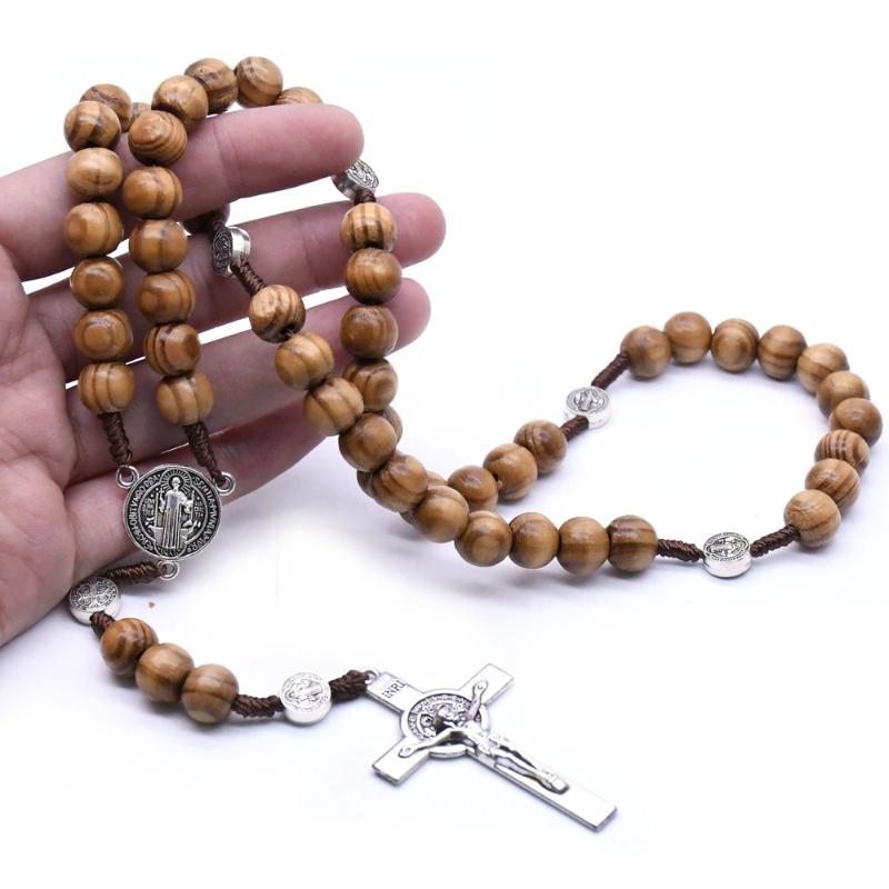 Hand-woven Exorcism Rosary Wood Beads Alloy Saint Benedict Retro Prayer Cross Car Ornament