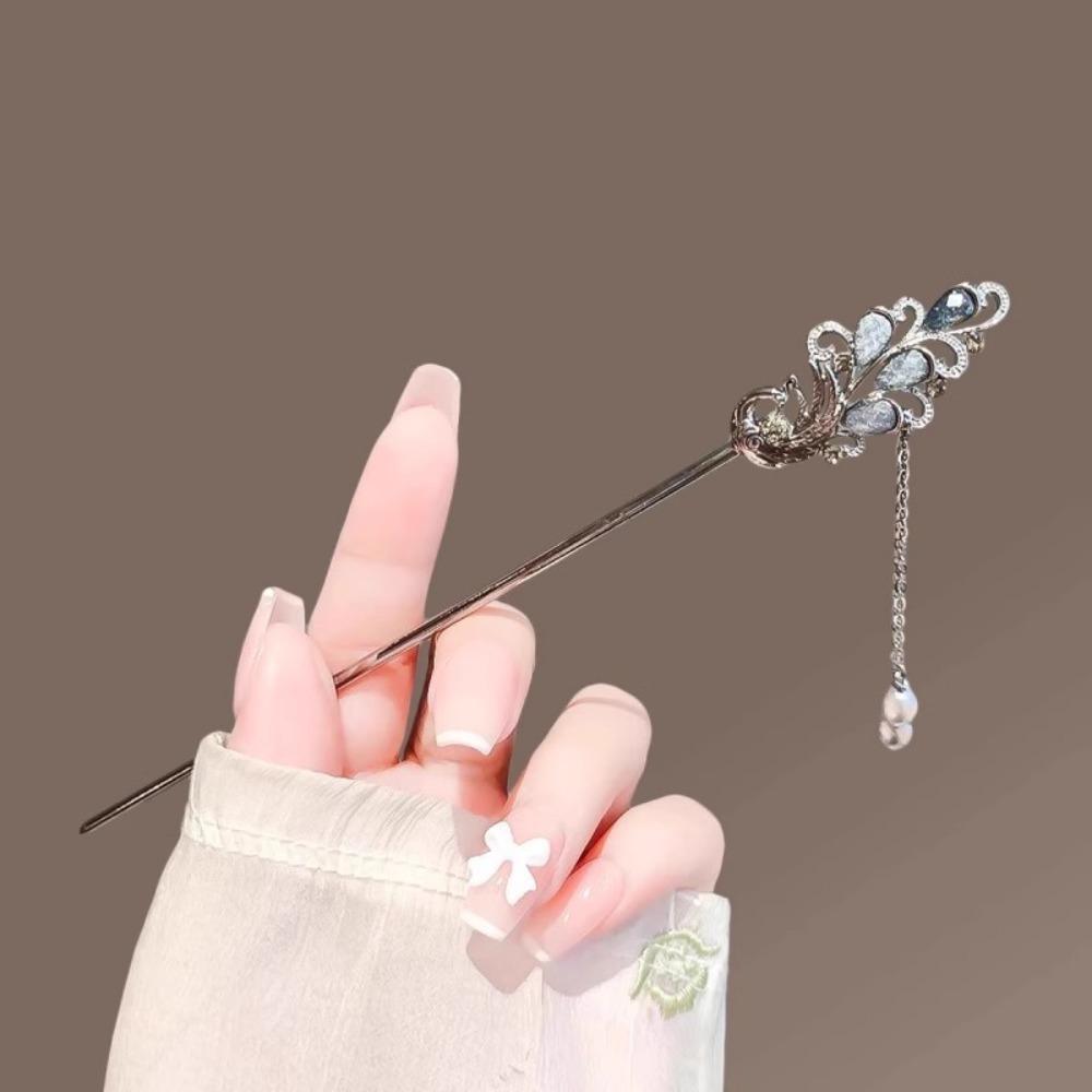 1pc Silver - Toned Hair Stick: Peacock - Inspired Design with Blue Accents & Pearl Tassel, Elegant Hair Accessory
