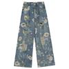 Women's Plus Size High Waist Retro Floral Ripped Wide-Leg Jeans: Summer Straight-Leg Floor-Length Design