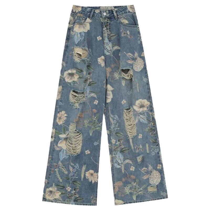 Women's Plus Size High Waist Retro Floral Ripped Wide-Leg Jeans: Summer Straight-Leg Floor-Length Design