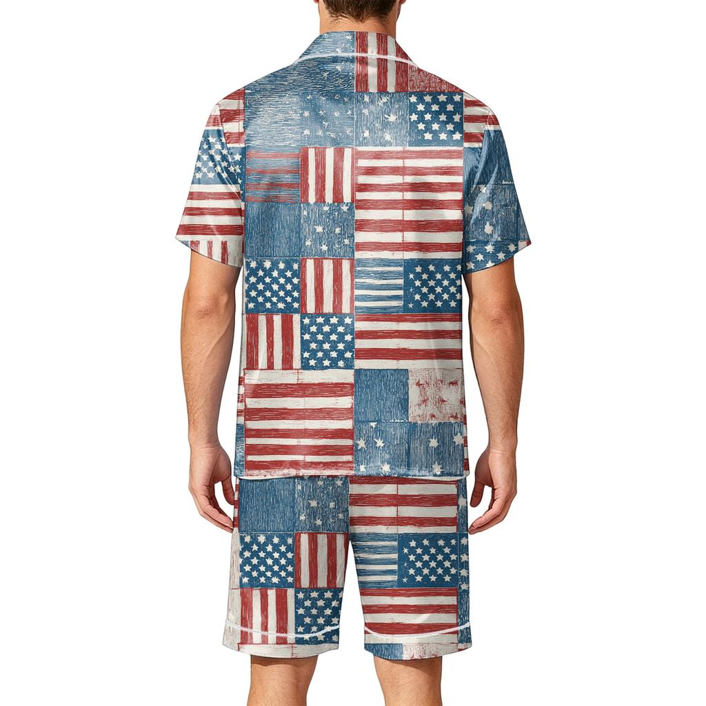 Men Satin Short Sleeve Pajama Set Two Piece Sleepwear with Shorts and Pocket Lightweight Smooth Fabric Comfortable Fit