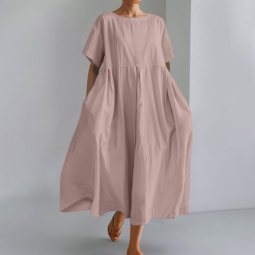 Women's  Color Fashionable Casual Cotton And Linen Loose Round Neck Short Sleeved Dress