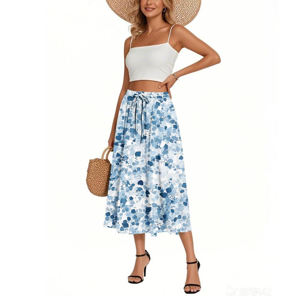 Dámská sukně, bohémská květinová sukně, jednobarevná, ležérní temperamentní sukně s kapsami