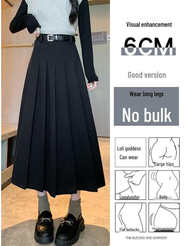 2024 New High Waist Black Woolen Pleated Midi Skirt for Autumn/Winter