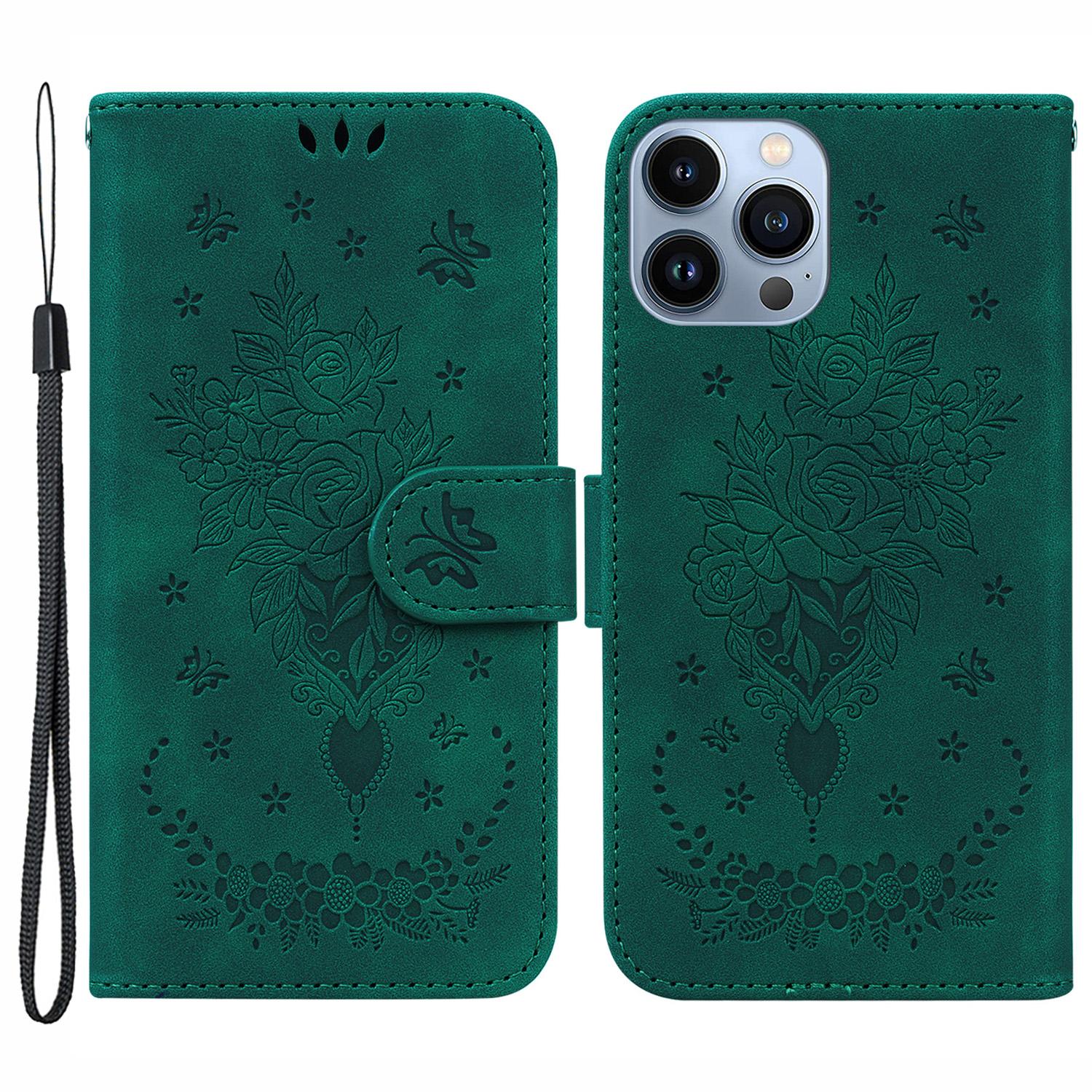 

For iPhone 15 Pro Max Stand Phone Shell Rose Butterfly Imprinted Wallet Case PU Leather Phone Cover Green