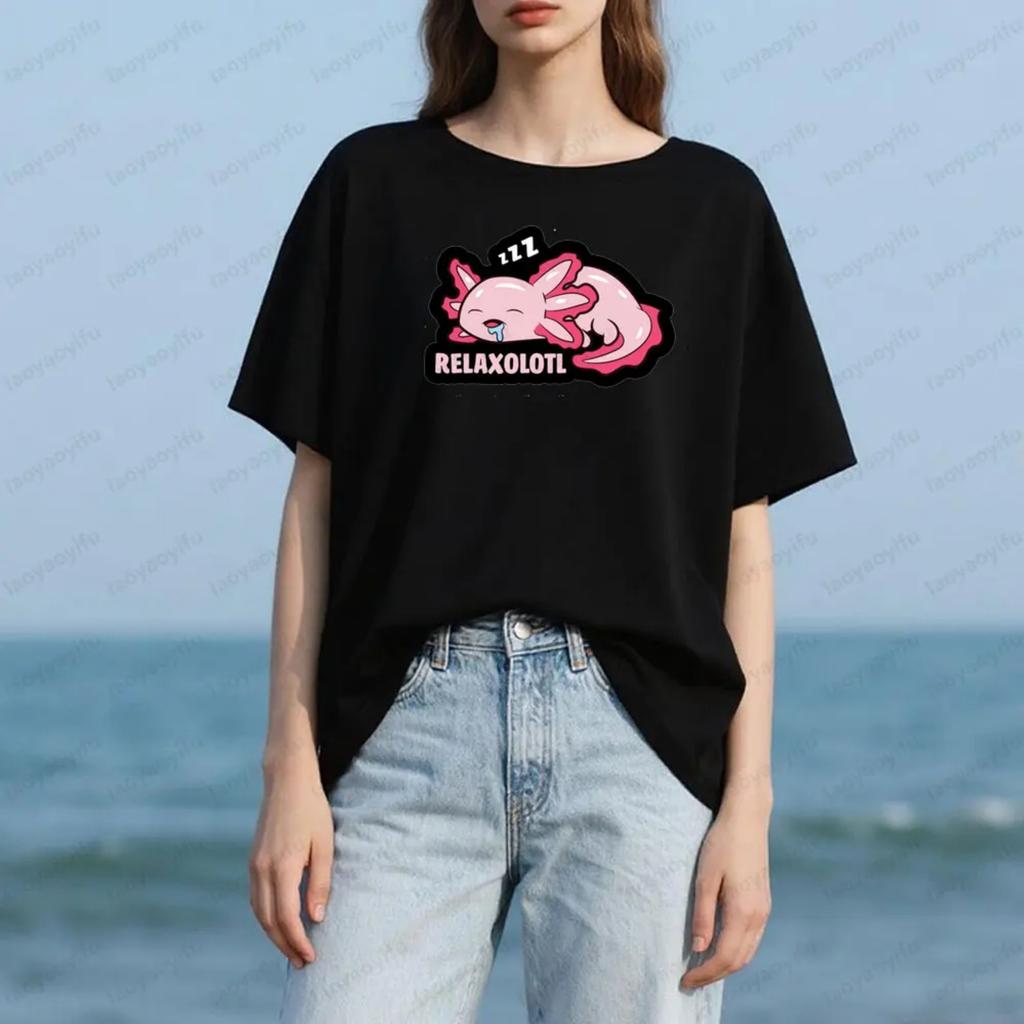 RELAXOLOTL The Lovely Axolotl Sleeping Tshirt Women Casual Summer Round Neck Short Sleeve Daily Life Leisure Cotton Tee Tops