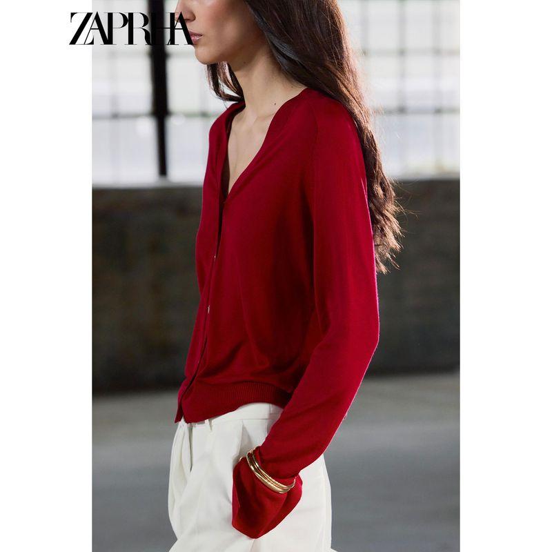 Zaprha 2025 Summer New Single Row Multi-Buckle Decoration Long sleeve V-neck Fine Needle Knit cardigan Outerwear 9598088