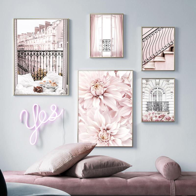 Wall Art Canvas Painting Pink Flowers Paris Windows Balcony Tower Nordic Prints And Posters Wall Pictures For Living Room Decor