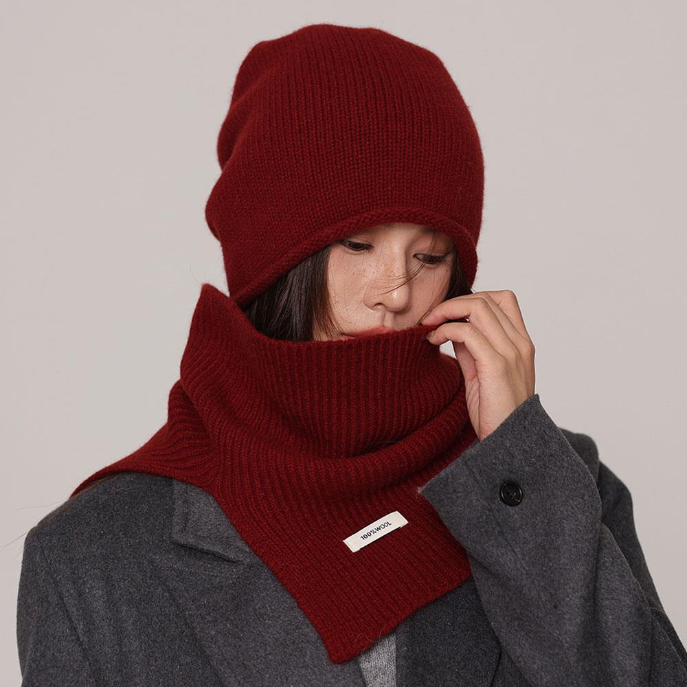 Autumn And Winter 2PCS Pure 100% Wool Hat And Scarf High-End Korean Style Knitted Beanie Hat And Neck Warmer Scarf Set For Women