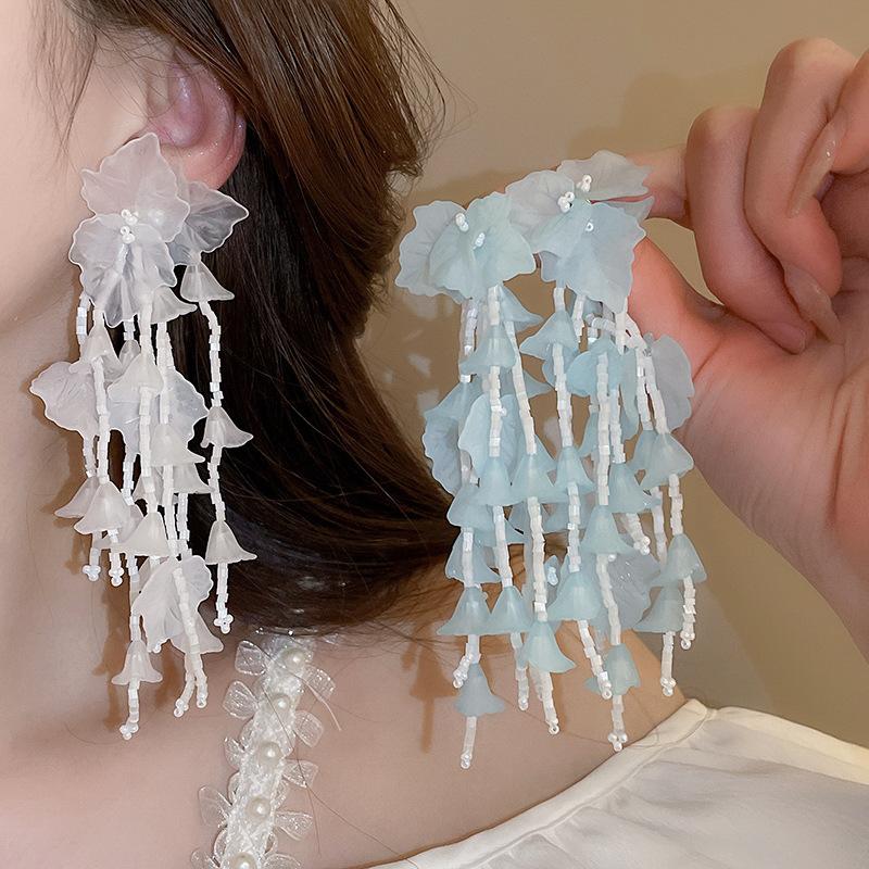 Blue Floral Leaves Acrylic Dangle Earrings for Women Rice Beaded Long Tassel Drop Earring Holiday Chic Flower Ear Jewelry K