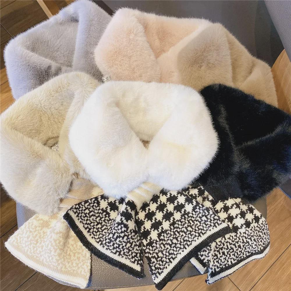 Pletená vlněná šála v korejském stylu s plyšovým akcentem - Hřejivý zimní nákrčník pro ženy a studenty