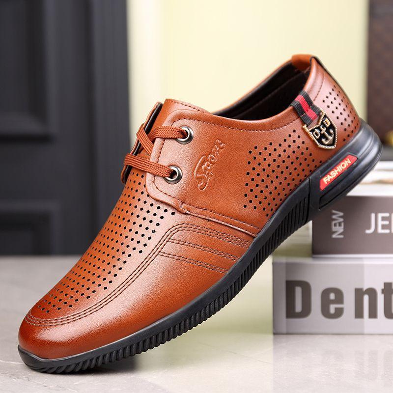 Men's shoes summer hollow breathable casual shoes soft leather British male dad inner height increase cool leather shoes hole shoes