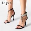 Fashion Liyke 2025 New Fashion Crystal Tassels Woman Sandals Sexy Ankle Zip Cover Strap Rhinestone High Heels Wedding Party Shoes Women